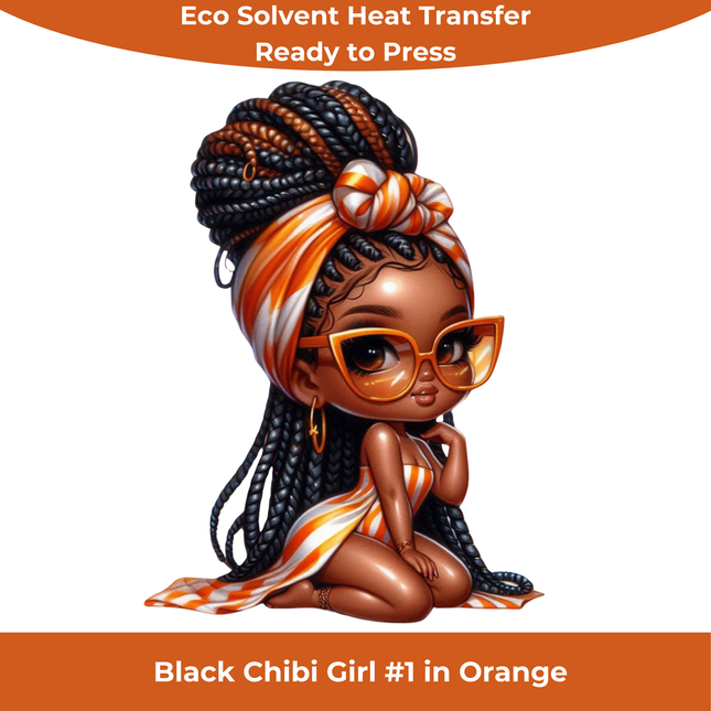 Black Chibi Girl #1 in Orange Eco Solvent Heat Transfers & Ready to Press