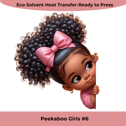 Peekaboo Girls #6 Heat Transfers by Style Junction Custom Digital Designs features a playful girl with curly hair and pink bow.