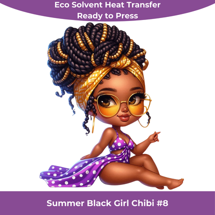 Summer Black Chibi Girl #8 Eco Solvent Heat Transfers & Ready to Press