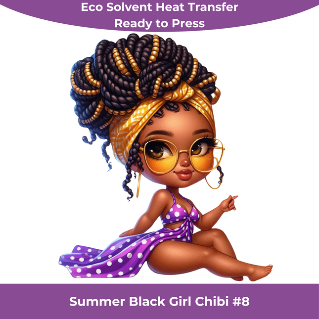 Summer Black Chibi Girl #8 Eco Solvent Heat Transfers & Ready to Press