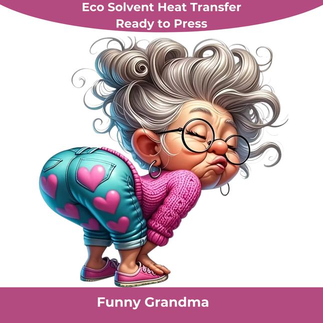 Funny Grandma Cartoon Eco Solvent Heat Transfer by Style Junction Custom Digital Designs, exclusive creative artwork ready to press.