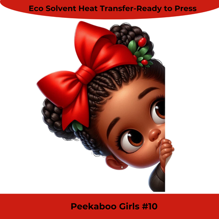 Peekaboo Girls #10 Eco Solvent Heat Transfer by Style Junction Custom Digital Designs features a playful girl with vibrant bow.