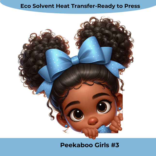 Peekaboo Girls #3 Heat Transfer by Style Junction Custom Digital Designs features a playful girl with big eyes and blue bows.