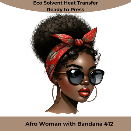 Afro Woman with Bandana #12 Eco Solvent Heat Transfer by Style Junction Custom Digital Designs, bold, vibrant, ready to press artwork.