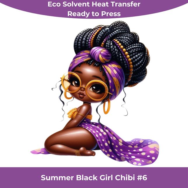 Summer Black Chibi Girl #6 Eco Solvent Heat Transfers & Ready to Press
