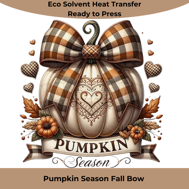 Pumpkin with decorative fall bow and floral accents in warm brown and cream tones ready for heat transfer application.