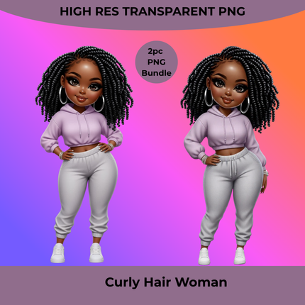 Curly Hair Woman 2pc PNG Bundle featuring brown skin in lavender hoodie & joggers by Style Junction Custom Digital Designs.