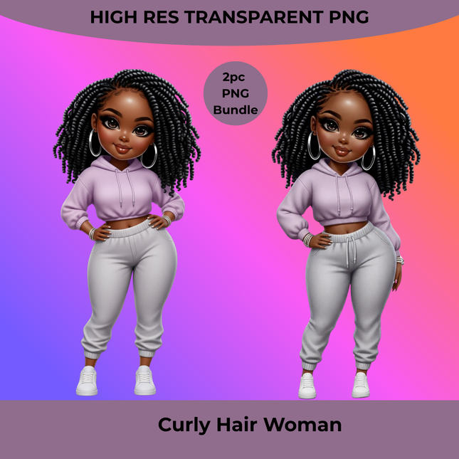 Curly Hair Woman 2pc PNG Bundle featuring brown skin in lavender hoodie & joggers by Style Junction Custom Digital Designs.