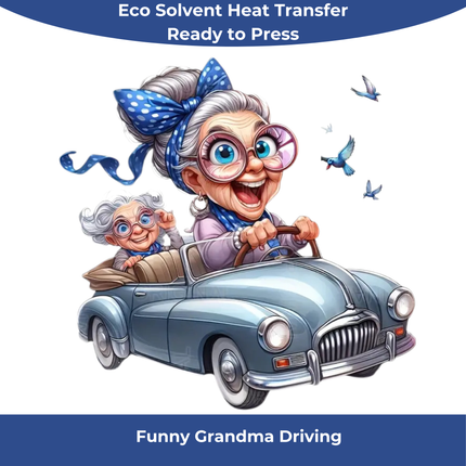 Funny Grandma Driving Car Cartoon Eco Solvent Heat Transfer by Style Junction Custom Digital Designs, vibrant and exclusive PNG design.