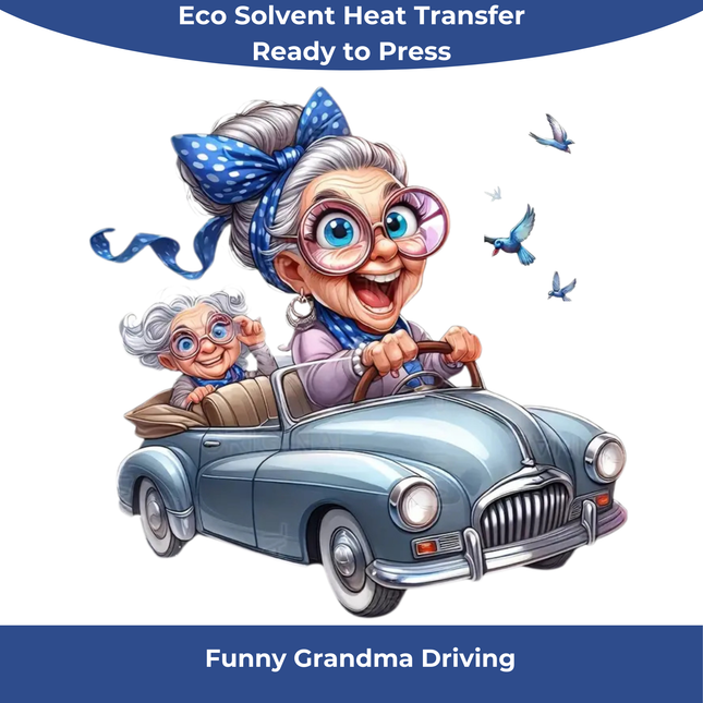 Funny Grandma Driving Car Cartoon Eco Solvent Heat Transfer by Style Junction Custom Digital Designs, vibrant and exclusive PNG design.