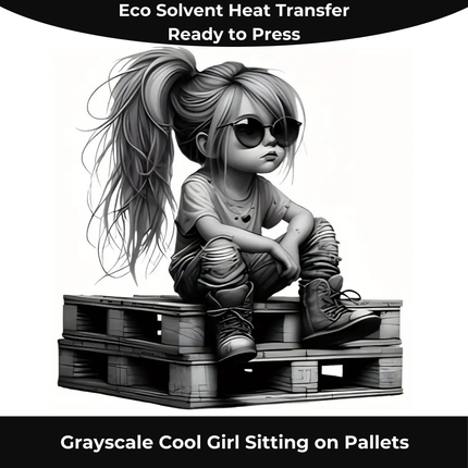 Grayscale Cool Girl Sitting on Pallets Eco Solvent Heat Transfers & Ready to Press