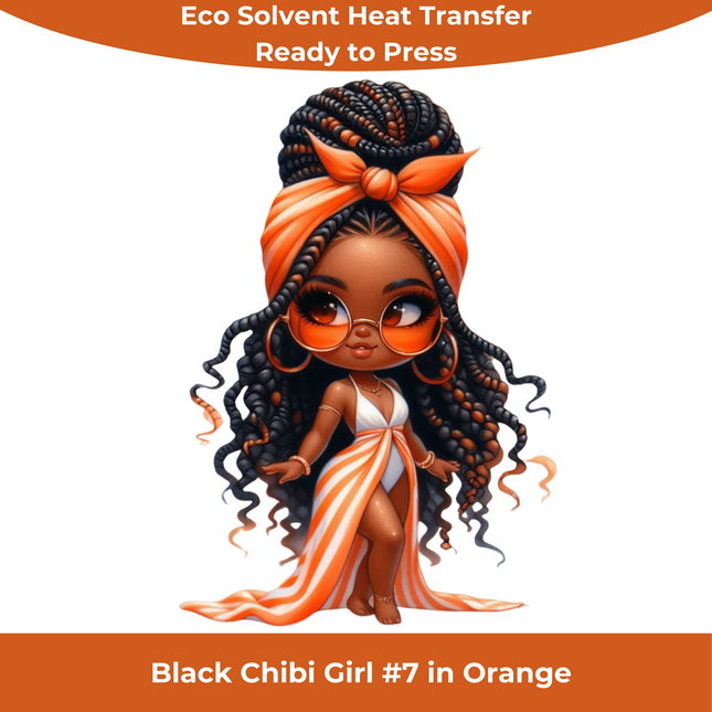 Black Chibi Girl #7 in Orange Eco Solvent Heat Transfers & Ready to Press