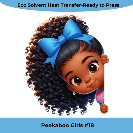 Peekaboo Girls #18 Heat Transfer by Style Junction Custom Digital Designs features a cute curly-haired girl with a blue bow.