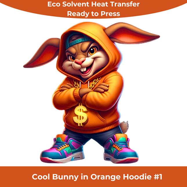 Cool Bunny in Orange #1 wearing a hoodie and sneakers, exclusive Eco Solvent Heat Transfer by Style Junction Custom Digital Designs