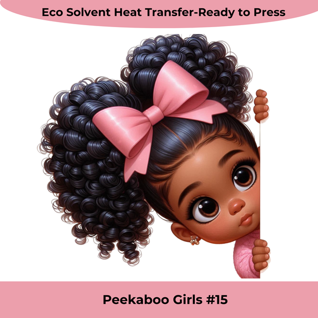 Peekaboo Girls #15 Heat Transfers by Style Junction Custom Digital Designs featuring a cute girl with curls and pink bow.