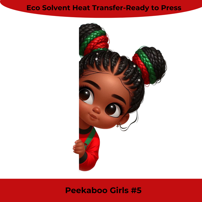 Peekaboo Girls #5 Heat Transfers featuring a playful girl with braided hair and colorful bows by Style Junction Custom Digital Designs.