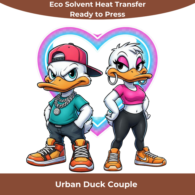 Urban Duck Couple Eco Solvent Heat Transfer by Style Junction Custom Digital Designs, vibrant ready to press apparel graphic.