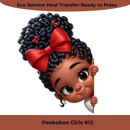 Peekaboo Girls #12 heat transfer shows a playful girl with braided hair, red bows, and curious eyes by Style Junction Custom Digital Designs.