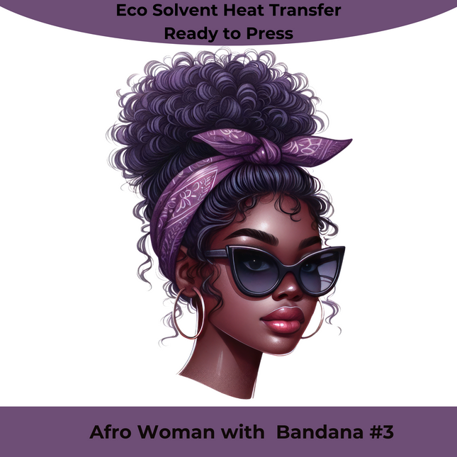 Afro Woman with Bandana #3 Eco Solvent Heat Transfer by Style Junction Custom Digital Designs, vibrant and exclusive artwork.