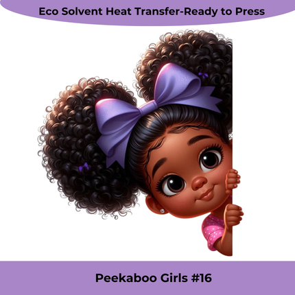 Peekaboo Girls #16 Heat Transfers by Style Junction Custom Digital Designs, featuring a curly-haired girl with a purple bow peeking playfully.