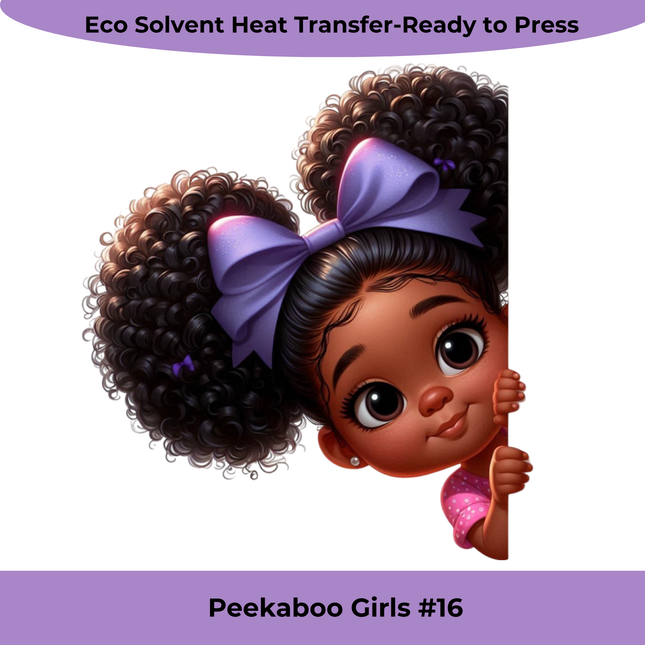Peekaboo Girls #16 Heat Transfers by Style Junction Custom Digital Designs, featuring a curly-haired girl with a purple bow peeking playfully.