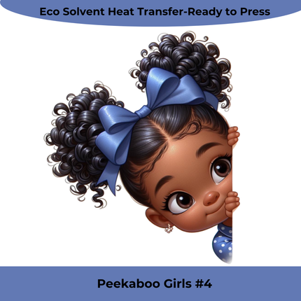 Peekaboo Girls #4 Heat Transfer featuring a playful girl with curly hair and blue bow by Style Junction Custom Digital Designs.