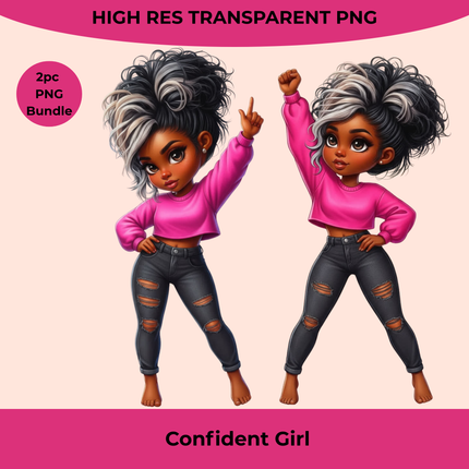 Confident Girl 2pc Bundle PNG featuring a stylish girl with curly black-silver hair, pink sweater, black jeans by Style Junction Custom Digital Designs.