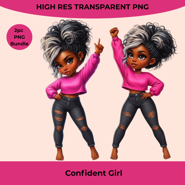 Confident Girl 2pc Bundle PNG featuring a stylish girl with curly black-silver hair, pink sweater, black jeans by Style Junction Custom Digital Designs.