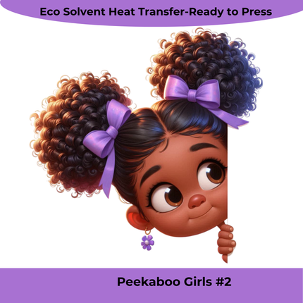 Peekaboo Girls #2 Heat Transfer featuring a curly-haired girl with purple bows, by Style Junction Custom Digital Designs.