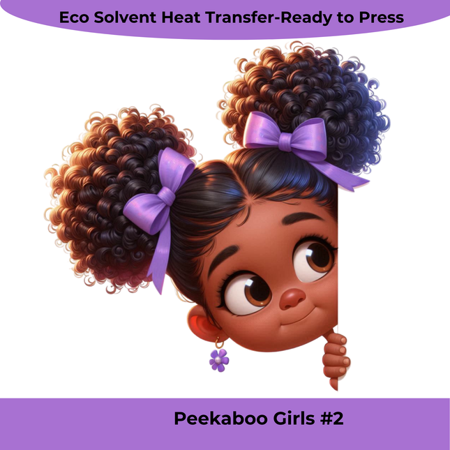 Peekaboo Girls #2 Heat Transfer featuring a curly-haired girl with purple bows, by Style Junction Custom Digital Designs.