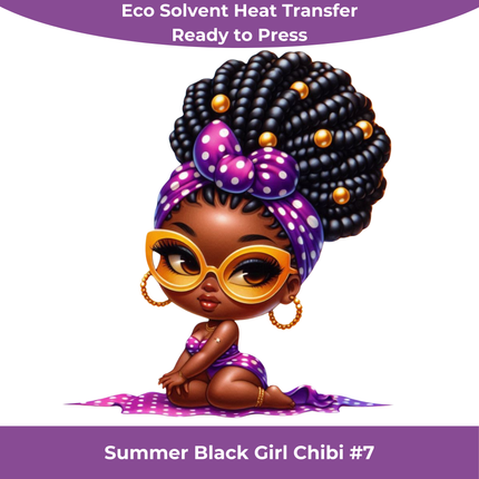 Summer Black Chibi Girl #7 Eco Solvent Heat Transfers & Ready to Press