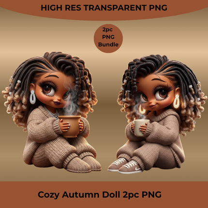 Cozy Autumn Doll 2pc PNG Bundle by Style Junction Custom Digital Designs features stylish dolls in cozy knitwear with warm drinks.
