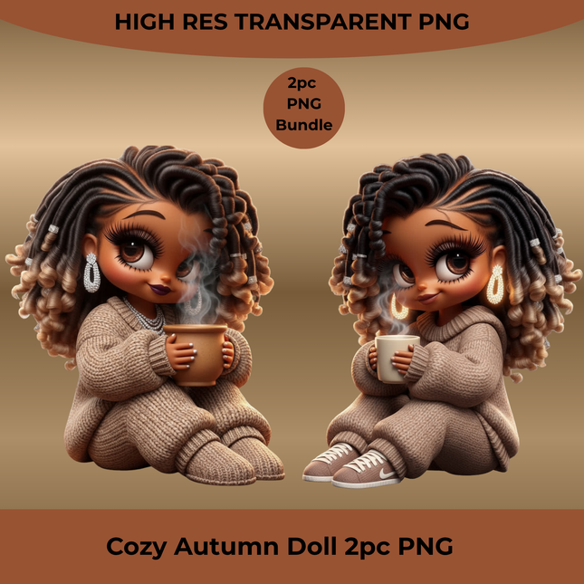 Cozy Autumn Doll 2pc PNG Bundle by Style Junction Custom Digital Designs features stylish dolls in cozy knitwear with warm drinks.