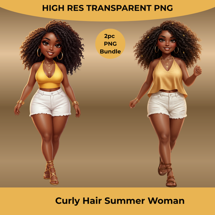 Curly Hair Summer Woman 2pc PNG Bundle by Style Junction Custom Digital Designs, exclusive vibrant artwork for creative projects.