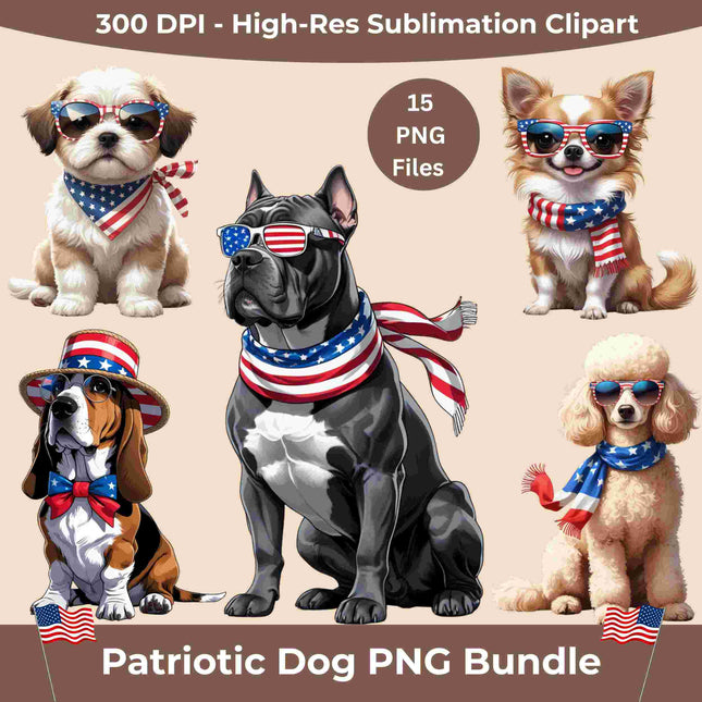 15 Patriotic Dog PNG Bundle – High-Res Sublimation Clipart Digital File Style Junction – Custom Digital Designs & Apparel