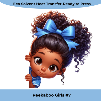 Peekaboo Girls #7 Heat Transfer by Style Junction Custom Digital Designs features a playful girl with curly hair and a blue bow.