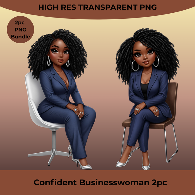 Confident Businesswoman 2pc PNG Bundle featuring curly hair, navy suit, and heels by Style Junction Custom Digital Designs, exclusive artwork.