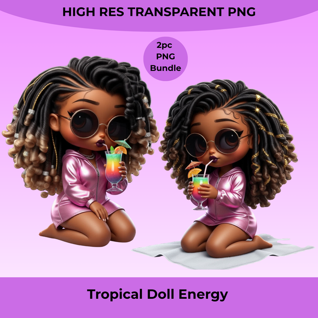Tropical Doll Energy 2pc PNG Bundle featuring a curly-haired doll in shimmery pink with cocktails by Style Junction Custom Digital Designs.
