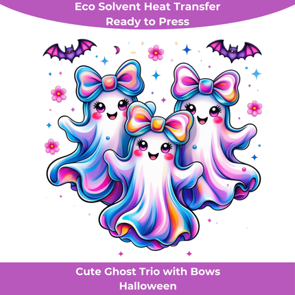Cute Ghost Trio with Bows Halloween Eco Solvent Heat Transfer by Style Junction Custom Digital Designs, exclusive ready to press PNG.