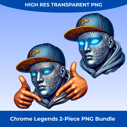 Chrome Legends 2-Piece PNG Bundle featuring futuristic chrome faces with glowing blue eyes by Style Junction Custom Digital Designs.