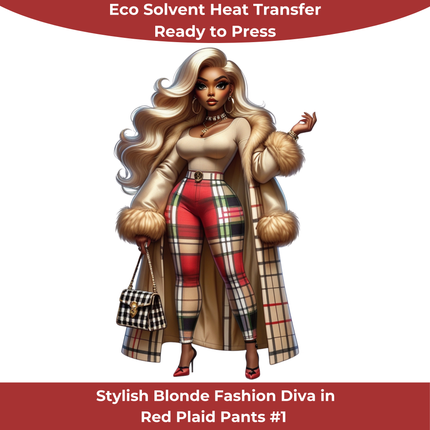 Stylish Blonde Fashion Diva Eco Solvent Heat Transfer featuring chic plaid pants by Style Junction Custom Digital Designs