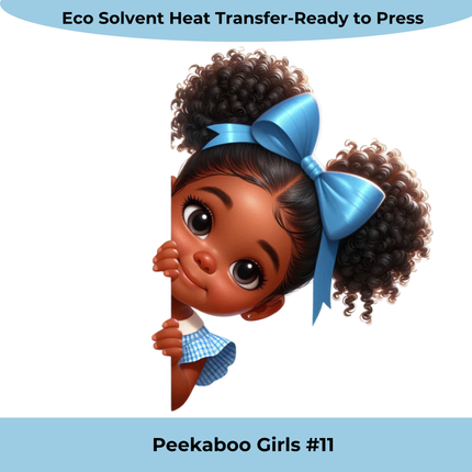 Peekaboo Girls #11 Heat Transfers by Style Junction Custom Digital Designs, featuring a curly-haired girl with blue bow ready to press.