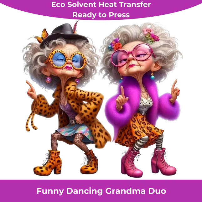 Funny Dancing Grandma Duo PNG design with bold leopard prints and colorful accessories by Style Junction Custom Digital Designs.