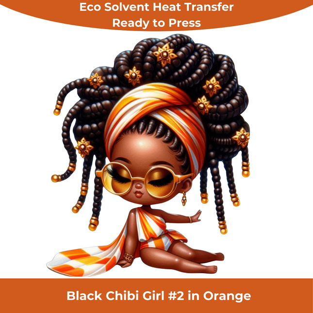 Black Chibi Girl #2 in Orange Eco Solvent Heat Transfers & Ready to Press