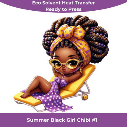 Summer Black Chibi Girl #1 Eco Solvent Heat Transfers & Ready to Press