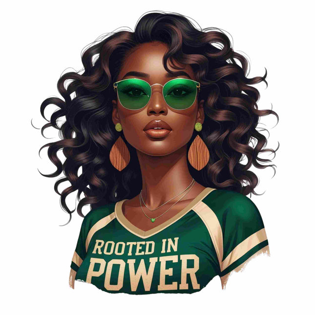 Rooted in Power Afro Queen in Green – DTF Heat Transfer #1 DTF Transfers Style Junction – Custom Digital Designs & Apparel