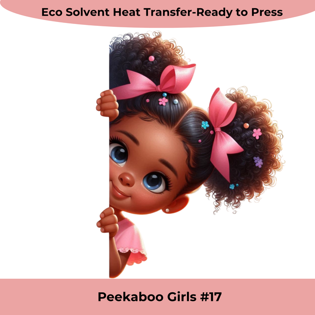 Peekaboo Girls #17 Heat Transfers by Style Junction Custom Digital Designs, featuring a playful girl with bows and curls, ready to press.