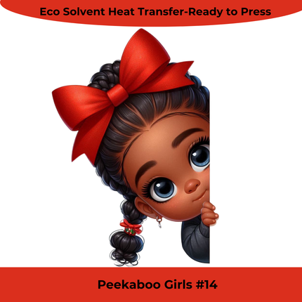 Peekaboo Girls #14 Heat Transfers by Style Junction Custom Digital Designs, featuring a playful girl with big eyes and red bows.
