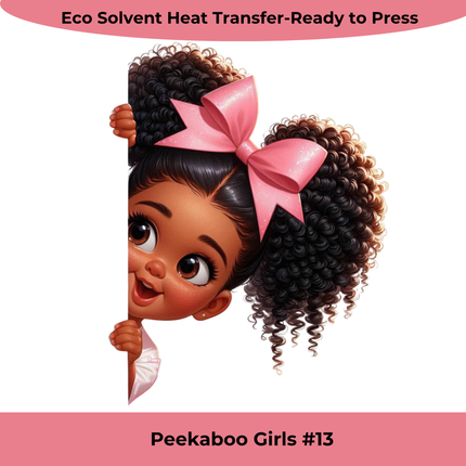 Peekaboo Girls #13 heat transfer by Style Junction Custom Digital Designs features a playful girl with curly hair and pink bow.