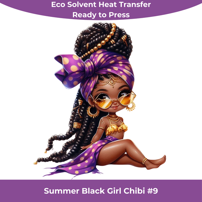 Summer Black Chibi Girl #9 Eco Solvent Heat Transfers & Ready to Press